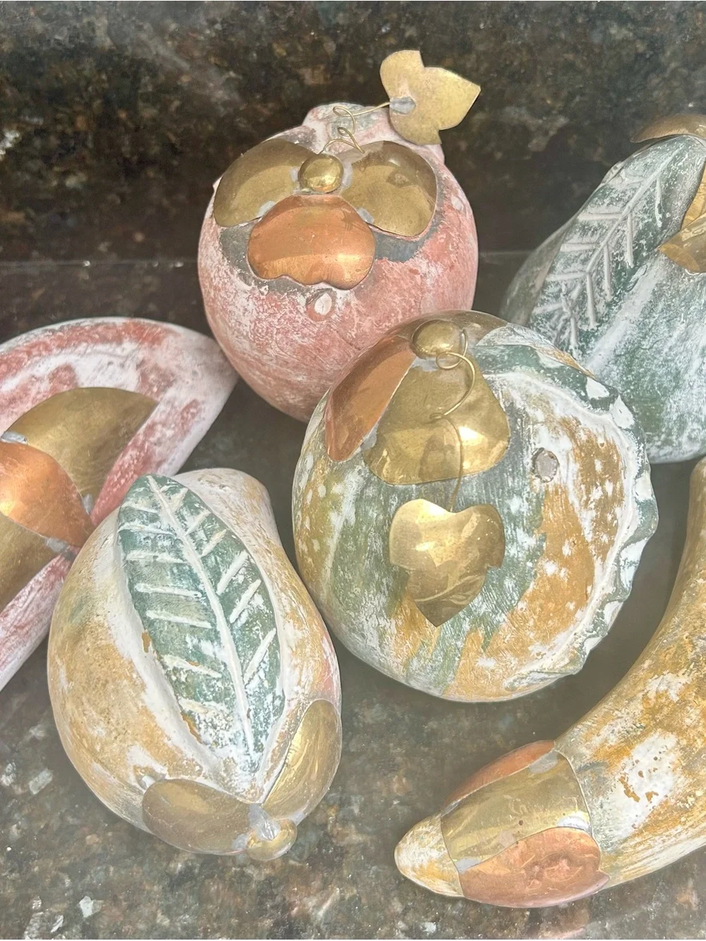 Vintage Handmade Terracotta Rope Bowl & Mixed Media Brass Fruit Set - 7 Pc